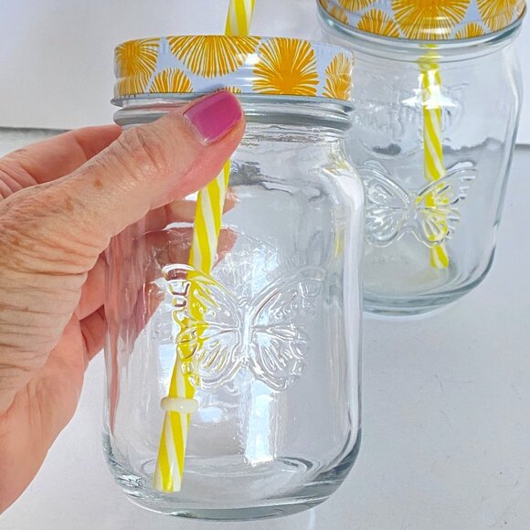 Lemonade Glasses Set Of 2 With Yellow Floral Screw-On Lids Reusable Straws 16 Oz - Picture 3 of 7